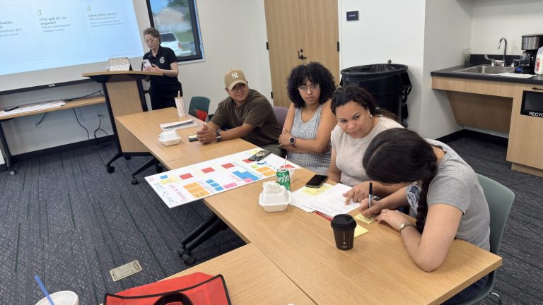 Estudiantes desarrollando su lienzo de modelo de negocio en un taller práctico de la Academia de Hispanos Emprendedores